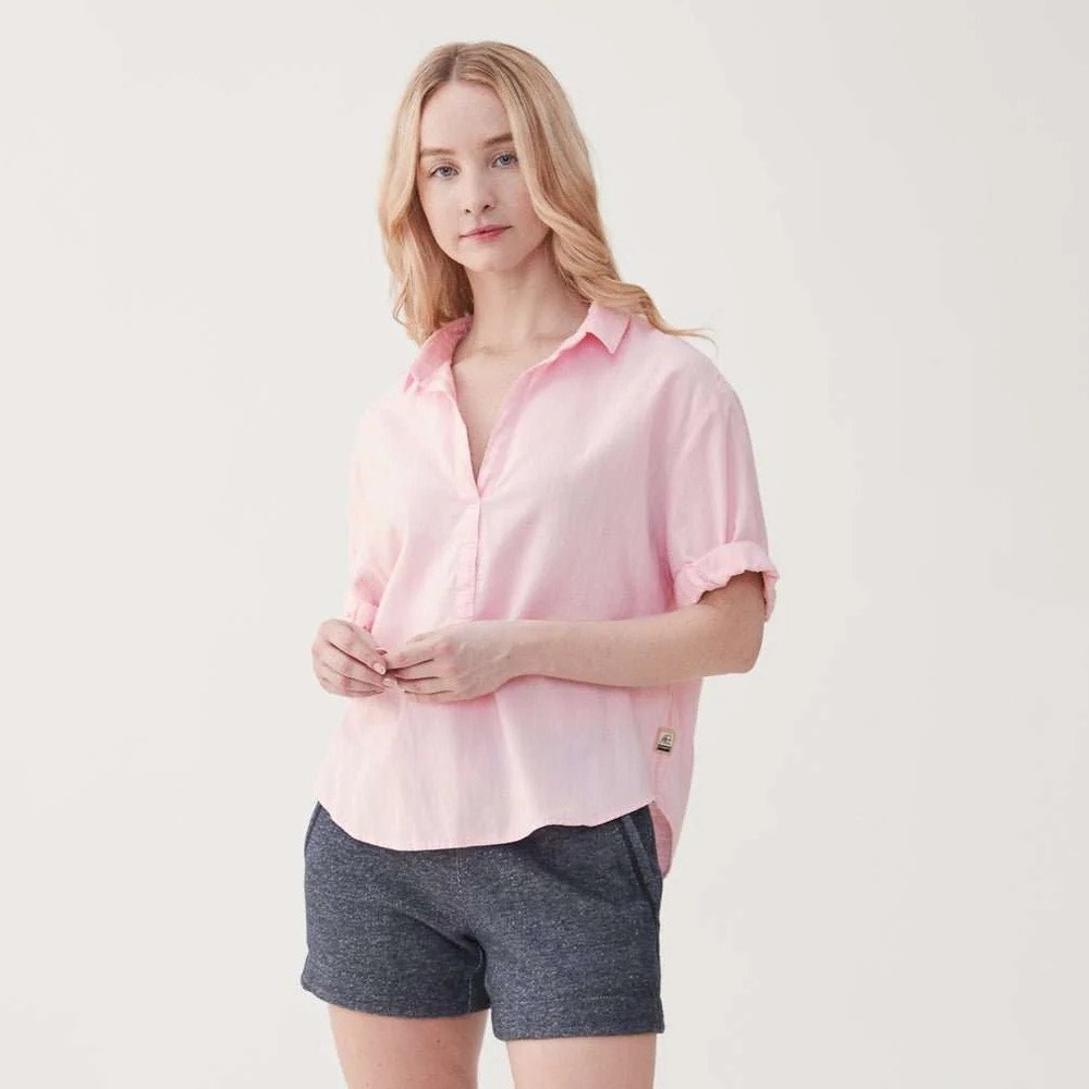 Pink Cotton Gauze V-Neck Fisherman Shirt Relaxed Coastal Size S